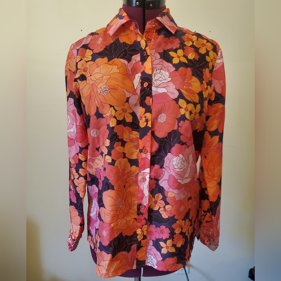 Johnny Was Becca 100% Silk Floral Button-Up L/S Embroidered Blouse Sz XS - Picture 2 of 13